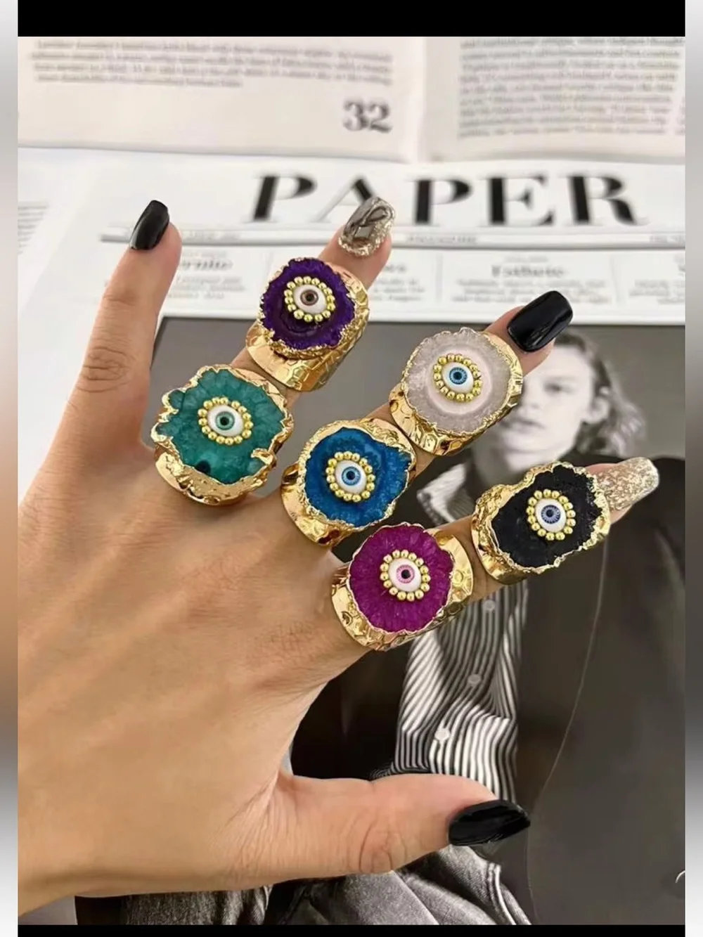 New! Black Synthetic Geode Agate Druzy Gold Plated Evil Eye Statement Ring